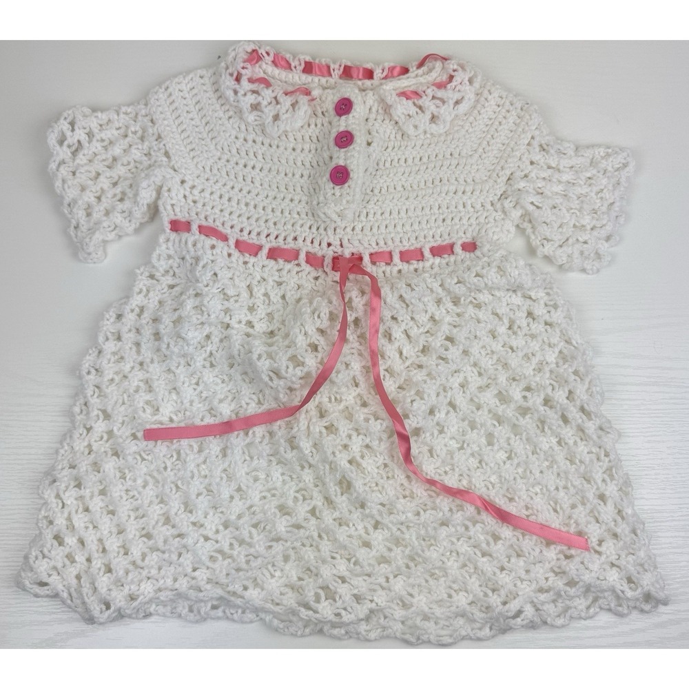 Handmade Crochet Baby Dress White Boho  Cottagecore Pink Heirloom Piece 6-12M